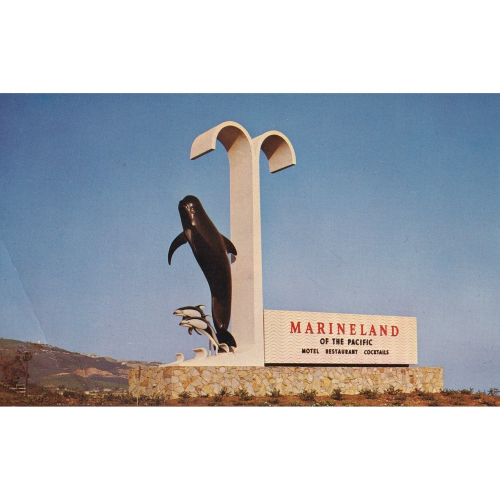 Marineland Pacific Entrance Sign Postcard Bubbles Whale MCM Roadside Nautical
